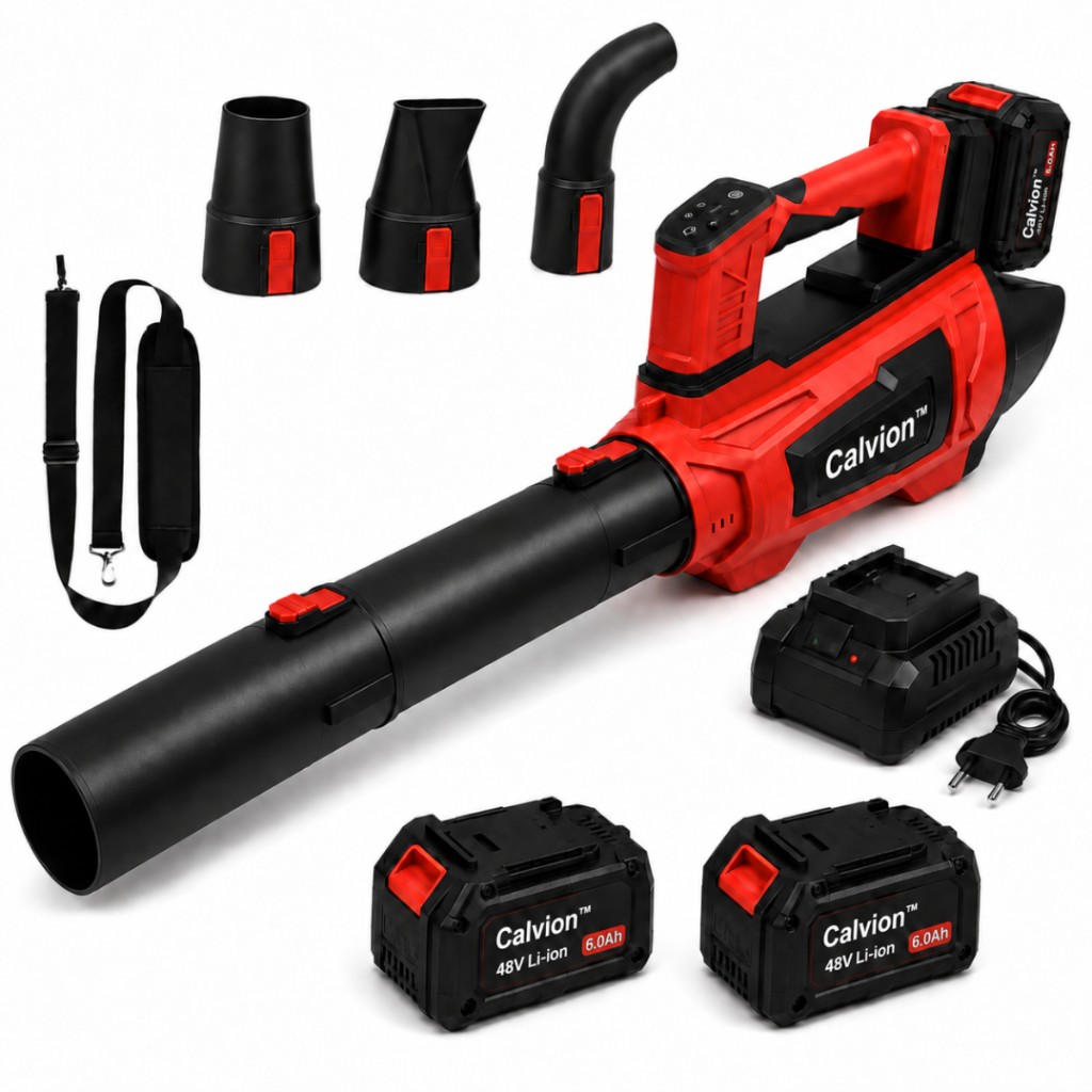 Calvion soffiatore a batteria — kit completo su sfondo bianco